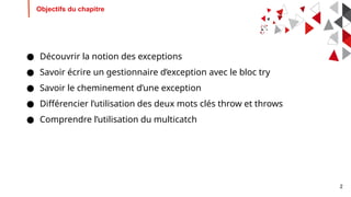 2
● Découvrir la notion des exceptions
● Savoir écrire un gestionnaire d’exception avec le bloc try
● Savoir le cheminement d’une exception
● Différencier l’utilisation des deux mots clés throw et throws
● Comprendre l’utilisation du multicatch
Objectifs du chapitre
 