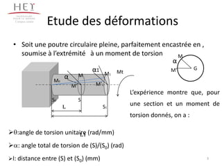 Campus centre
                  Etude des déformations
 • Soit une poutre circulaire pleine, parfaitement encastrée en ,
   soumise à l’extrémité à un moment de torsion         M
                                                      α
                                                            .G
                           α1 M1 Mt                  M’
              M0
                 α M
                           M’       M’1
                                               L’expérience montre que, pour
                  S0            S
                       l              S1       une section et un moment de
                                               torsion donnés, on a :

 :angle de torsion unitaire (rad/mm)
                          l1
 : angle total de torsion de (S)/(S0) (rad)
l: distance entre (S) et (S0) (mm)                                     3
 