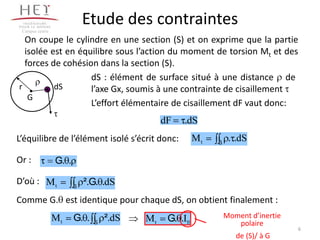 Campus centre
                            Etude des contraintes
  On coupe le cylindre en une section (S) et on exprime que la partie
  isolée est en équilibre sous l’action du moment de torsion Mt et des
  forces de cohésion dans la section (S).
                   dS : élément de surface situé à une distance de
r         dS       l’axe Gx, soumis à une contrainte de cisaillement
   G
                   L’effort élémentaire de cisaillement dF vaut donc:
                                               dF   .dS
L’équilibre de l’élément isolé s’écrit donc:             Mt   S
                                                                   . .dS

Or :             G. .

D’où : M t              S
                            ².G. .dS
Comme G. est identique pour chaque dS, on obtient finalement :
                 Mt     G. .       ².dS   Mt    G. .I0            Moment d’inertie
                               S                                     polaire
                                                                                     6
                                                                     de (S)/ à G
 