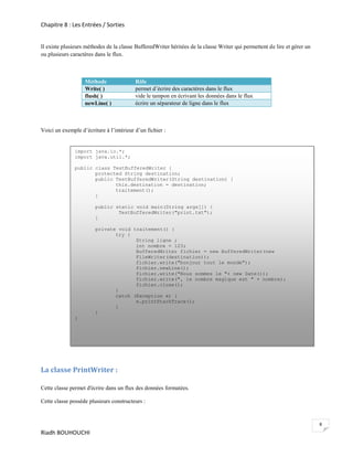 Chapitre 8 : Les Entrées / Sorties


Il existe plusieurs méthodes de la classe BufferedWriter héritées de la classe Writer qui permettent de lire et gérer un
ou plusieurs caractères dans le flux.



                   Méthode                Rôle
                   Write( )               permet d’écrire des caractères dans le flux
                   flush( )               vide le tampon en écrivant les données dans le flux
                   newLine( )             écrire un séparateur de ligne dans le flux



Voici un exemple d’écriture à l’intérieur d’un fichier :


               import java.io.*;
               import java.util.*;

               public class TestBufferedWriter {
                      protected String destination;
                      public TestBufferedWriter(String destination) {
                             this.destination = destination;
                             traitement();
                      }

                        public static void main(String args[]) {
                                TestBufferedWriter("print.txt");
                        }

                        private void traitement() {
                               try {
                                      String ligne ;
                                      int nombre = 123;
                                      BufferedWriter fichier = new BufferedWriter(new
                                      FileWriter(destination));
                                      fichier.write("bonjour tout le monde");
                                      fichier.newLine();
                                      fichier.write("Nous sommes le "+ new Date());
                                      fichier.write(", le nombre magique est " + nombre);
                                      fichier.close();
                               }
                               catch (Exception e) {
                                      e.printStackTrace();
                               }
                        }
               }




La classe PrintWriter :

Cette classe permet d'écrire dans un flux des données formatées.

Cette classe possède plusieurs constructeurs :


                                                                                                                           8
Riadh BOUHOUCHI
 