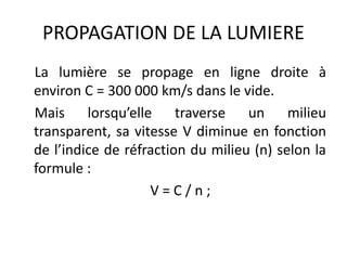 PROPAGATION DE LA LUMIERE
La lumière se propage en ligne droite à
environ C = 300 000 km/s dans le vide.
Mais lorsqu’elle traverse un milieu
transparent, sa vitesse V diminue en fonction
de l’indice de réfraction du milieu (n) selon la
formule :
V = C / n ;
 