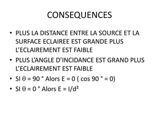 CONSEQUENCES
• PLUS LA DISTANCE ENTRE LA SOURCE ET LA
SURFACE ECLAIREE EST GRANDE PLUS
L’ECLAIREMENT EST FAIBLE
• PLUS L’ANGLE D’INCIDANCE EST GRAND PLUS
L’ECLAIREMENT EST FAIBLE
• SI  = 90 ° Alors E = 0 ( cos 90 ° = 0)
• SI  = 0 ° Alors E = I/d²
 