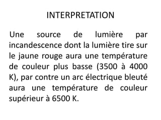 INTERPRETATION
Une source de lumière par
incandescence dont la lumière tire sur
le jaune rouge aura une température
de couleur plus basse (3500 à 4000
K), par contre un arc électrique bleuté
aura une température de couleur
supérieur à 6500 K.
 