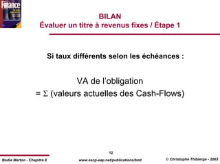 BILAN
                    Évaluer un titre à revenus fixes / Étape 1



                            Si taux différents selon les échéances :


                             VA de l’obligation
                  = Σ (valeurs actuelles des Cash-Flows)




                                                    12
Bodie Merton - Chapitre 8            www.escp-eap.net/publications/bmt   © Christophe Thibierge - 2003
 