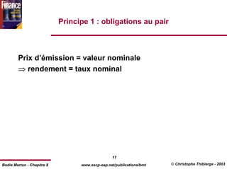 Principe 1 : obligations au pair



        Prix d’émission = valeur nominale
        ⇒ rendement = taux nominal




                                                 17
Bodie Merton - Chapitre 8         www.escp-eap.net/publications/bmt   © Christophe Thibierge - 2003
 