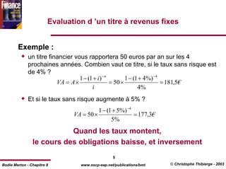 Evaluation d ’un titre à revenus fixes


        Exemple :
              un titre financier vous rapportera 50 euros par an sur les 4
              prochaines années. Combien vaut ce titre, si le taux sans risque est
              de 4% ?
                                   1 − (1 + i ) − n        1 − (1 + 4%) −4
                          VA = A ×                  = 50 ×                 = 181,5€
                                         i                       4%
              Et si le taux sans risque augmente à 5% ?
                                         1 − (1 + 5%) −4
                               VA = 50 ×                 = 177,3€
                                               5%
                           Quand les taux montent,
                le cours des obligations baisse, et inversement
                                                 5
Bodie Merton - Chapitre 8        www.escp-eap.net/publications/bmt   © Christophe Thibierge - 2003
 