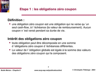 Etape 1 : les obligations zéro coupon


        Définition :
              une obligation zéro coupon est une obligation qui ne verse qu ’un
              seul cash-flow, à l ’échéance (la valeur de remboursement). Aucun
              coupon n ’est versé pendant sa durée de vie.


        Intérêt des obligations zéro coupon
              toute obligation peut être décomposée en une somme
              d ’obligations zéro coupon d ’échéances différentes.
              La valeur de l ’obligation globale est égale à la somme des valeurs
              des obligations zéro coupon qui la composent.




                                                 7
Bodie Merton - Chapitre 8        www.escp-eap.net/publications/bmt   © Christophe Thibierge - 2003
 