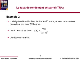 Le taux de rendement actuariel (TRA)


        Exemple 2
              L ’obligation NoufNouf est émise à 850 euros, et sera remboursée
              dans deux ans pour 970 euros.

                                              970
              On a TRA = i, tel que : 850 =
                                            (1 + i ) 2
              On trouve i = 5,68%




                                                 9
Bodie Merton - Chapitre 8        www.escp-eap.net/publications/bmt   © Christophe Thibierge - 2003
 