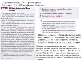 C) Les liens sociaux au sein des groupes sociaux
Doc 3 page 217 : les différents types de liens sociaux
1)
2) Les liens sociaux apportent protection (sur qui je
peux compter?) et reconnaissance sociale (pour qui
je compte, qui me reconnaît comme un individu
compétent socialement, sur qui on peut compter)
3) Obligations morales (être un bon ami), obligations
juridiques (devoir d’assistance pour son conjoint, devoir de
payer des impôts…) et droit à la retraite…… sont des liens de
nature différentes ET se recouvrent, sont réciproques… ce
qui les renforcent encore plus… l’entrecroisement des liens
formant comme un filet qui protège l’individu et le rattache à
la société.
 