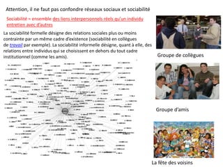 Sociabilité = ensemble des liens interpersonnels réels qu’un individu
entretien avec d’autres
La sociabilité formelle désigne des relations sociales plus ou moins
contrainte par un même cadre d’existence (sociabilité en collègues
de travail par exemple). La sociabilité informelle désigne, quant à elle, des
relations entre individus qui se choisissent en dehors du tout cadre
institutionnel (comme les amis).
La fête des voisins
Groupe d’amis
Groupe de collègues
Attention, il ne faut pas confondre réseaux sociaux et sociabilité
 