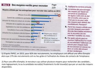 Page
229
1) D’après l’APEC, en 2013, pour 82% des recrutements, les employeurs ont diffusé une offre d’emploi
alors que 17% des recrutements ont eu lieu grâce à l’utilisation du réseau de contacts de l’employeur.
2) Pour une offre d’emploi, le recruteur a pu utiliser plusieurs moyens pour rechercher des candidats…
mais logiquement, le ou la candidate recruté(e) finalement n’a été trouvé(e) que par un seul des moyens
disponibles.
 