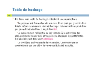 Table de hachage
100
 En Java, une table de hachage entretient trois ensembles.
Le premier est l'ensemble de ses clés. Il ne peut pas y avoir deux
fois la même clé dans une table de hachage, cet ensemble ne peut donc
pas posséder de doublon, il s'agit d'un Set.
Le deuxième est l'ensemble de ses valeurs. À la différence des
clés, une même valeur peut être associée à plusieurs clés différentes.
Cet ensemble est donc une Collection.
Le troisième est l'ensemble de ses entrées. Une entrée est un
couple formé par une clé et la valeur qui lui a été associée.
 