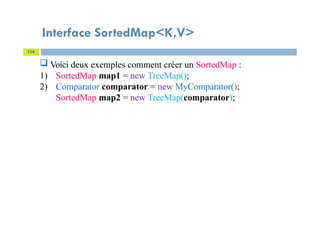Interface SortedMap<K,V>
114
 Voici deux exemples comment créer un SortedMap :
1) SortedMap map1 = new TreeMap();
2) Comparator comparator = new MyComparator();
SortedMap map2 = new TreeMap(comparator);
 