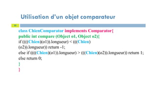 class ChienComparator implements Comparator{
public int compare (Object o1, Object o2){
if ((((Chien)(o1)).longueur) < (((Chien)
(o2)).longueur)) return -1;
else if ((((Chien)(o1)).longueur) > (((Chien)(o2)).longueur)) return 1;
else return 0;
}
}
22
Utilisation d’un objet comparateur
 