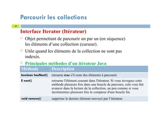 Parcourir les collections
Interface Iterator (Itérateur)
 Objet permettant de parcourir un par un (en séquence)
les éléments d’une collection (curseur).
 Utile quand les éléments de la collection ne sont pas
indexés.
 Principales méthodes d’un itérateur Java
28
Méthode Description
boolean hasNext() retourne true s'il reste des éléments à parcourir.
E next() retourne l'élément courant dans l'itérateur. Si vous invoquez cette
méthode plusieurs fois dans une boucle de parcours, cela vous fait
avancer dans la lecture de la collection, un peu comme si vous
incrémentiez plusieurs fois le compteur d'une boucle for.
void remove() supprime le dernier élément renvoyé par l’itérateur.
 