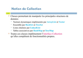 Notion de Collection
4
 Classes permettant de manipuler les principales structures de
données
 Vecteurs dynamiques implémentés par ArrayList et Vector
 Ensemble par HashSet et TreeSet
 Listes chaînées par LinkedList
 Tables associatives par HashMap et TreeMap
 Toutes ces classes implémentent l’interface Collection
qu’elles complètent de fonctionnalités propres.
 