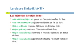 La classe LinkedList<E>
Les méthodes ajoutées sont :

void addFirst(Object o): ajoute un élément en début de liste.

void addLast(Object o): ajoute un élément en fin de liste.

Object getFirst(): retourne l'élément en début de liste.

Object getLast(): retourne l'élément en fin de liste.

Object removeFirst(): supprime et retourne l'élément en début
de liste.

Object removeLast(): supprime et retourne l'élément en fin de
liste.
59
 