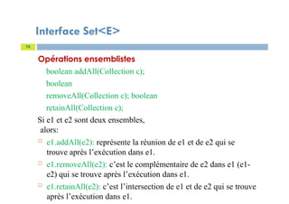 Interface Set<E>
Opérations ensemblistes
boolean addAll(Collection c);
boolean
removeAll(Collection c); boolean
retainAll(Collection c);
Si e1 et e2 sont deux ensembles,
alors:
 e1.addAll(e2): représente la réunion de e1 et de e2 qui se
trouve après l’exécution dans e1.
 e1.removeAll(e2): c’est le complémentaire de e2 dans e1 (e1-
e2) qui se trouve après l’exécution dans e1.
 e1.retainAll(e2): c’est l’intersection de e1 et de e2 qui se trouve
après l’exécution dans e1.
70
 