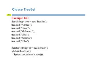 Classe TreeSet
Exemple 1/2 :
Set<String> tree = new TreeSet();
tree.add("Ahmed");
tree.add("Omar");
tree.add("Mohamed");
tree.add("Lina");
tree.add("Zakaria");
tree.add("Hiba");
Iterator<String> it = tree.iterator();
while(it.hasNext())
System.out.println(it.next());
78
 