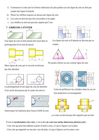 ii. Commencer à coter par les formes intérieures les plus petites car une ligne de cote ne doit pas
couper des lignes d’attache
iii. Placer les chiffres toujours au dessus des lignes de cote
iv. Les cotes ne doivent pas être accrochées à un angle
v. Les chiffres ne doivent pas être séparés par l’axe
7 - ERREURS À ÉVITER
Éviter la surabondance des cotes, c’est-à-dire de coter une même dimension plusieurs fois :
- Une cote qui peut être déduite à partir d’autres cotes, n’a pas à figurer sur le plan.
- Une cote qui apparaît sur une des vues du plan, n’a pas à figurer sur les autres vues
Une ligne de cote ne doit jamais être tracé dans le
prolongement d’un trait de dessin
Les lignes de cote et d’attache ne doivent pas se
couper
Deux lignes de cote qui se suivent ne doivent
pas être décalées
Ne jamais utiliser un axe comme ligne de cote
Le prolongement d’une ligne de cote de diamètre
d’un cercle doit passer par le centre de celui-ci
Coter de préférence les cylindres dans la vue où
leur projection est rectangulaire
Les cotes ne doivent pas être séparées par un trait
Interrompre les hachures pour laisser lisible la cote
 