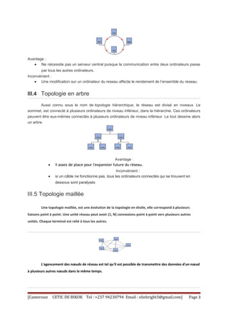Avantage : 
· Ne nécessite pas un serveur central puisque la communication entre deux ordinateurs passe 
par tous les autres ordinateurs. 
Inconvénient : 
· Une modification sur un ordinateur du reseau affecte le rendement de l’ensemble du reseau. 
III.4 Topologie en arbre 
Aussi connu sous le nom de topologie hiérarchique, le réseau est divisé en niveaux. Le 
sommet, est connecté à plusieurs ordinateurs de niveau inférieur, dans la hiérarchie. Ces ordinateurs 
peuvent être eux-mêmes connectés à plusieurs ordinateurs de niveau inférieur. Le tout dessine alors 
un arbre. 
Avantage : 
· Il assez de place pour l'expansion future du réseau. 
Inconvénient : 
· si un câble ne fonctionne pas, tous les ordinateurs connectés qui se trouvent en 
dessous sont paralysés 
III.5 Topologie maillée 
Une topologie maillée, est une évolution de la topologie en étoile, elle correspond à plusieurs 
liaisons point à point. Une unité réseau peut avoir (1, N) connexions point à point vers plusieurs autres 
unités. Chaque terminal est relié à tous les autres. 
L'agencement des noeuds de réseau est tel qu'il est possible de transmettre des données d'un noeud 
à plusieurs autres noeuds dans le même temps. 
[Cameroun CETIC DE BIKOK Tel : +237 94230794 Email : eliebright3@gmail.com] Page 3 
 