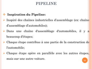 PIPELINE
 Inspiration du Pipeline:
 Inspiré des chaînes industrielles d’assemblage (ex: chaîne

d’assemblage d’automobiles);
 Dans une chaîne d'assemblage d'automobiles, il y a
beaucoup d'étapes;
 Chaque étape contribue à une partie de la construction de
l'automobile;

 Chaque étape opère en parallèle avec les autres étapes,
mais sur une autre voiture.

24

 