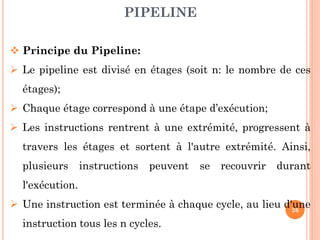 PIPELINE
 Principe du Pipeline:
 Le pipeline est divisé en étages (soit n: le nombre de ces

étages);
 Chaque étage correspond à une étape d’exécution;
 Les instructions rentrent à une extrémité, progressent à
travers les étages et sortent à l'autre extrémité. Ainsi,
plusieurs

instructions

peuvent

se

recouvrir

durant

l'exécution.
 Une instruction est terminée à chaque cycle, au lieu d'une
26
instruction tous les n cycles.

 