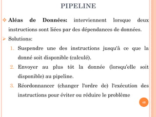 PIPELINE
 Aléas

de

Données:

interviennent

lorsque

deux

instructions sont liées par des dépendances de données.
 Solutions:
1. Suspendre une des instructions jusqu'à ce que la
donné soit disponible (calculé).

2. Envoyer au plus tôt la donnée (lorsqu’elle soit
disponible) au pipeline.
3. Réordonnancer (changer l'ordre de) l'exécution des
instructions pour éviter ou réduire le problème
40

 
