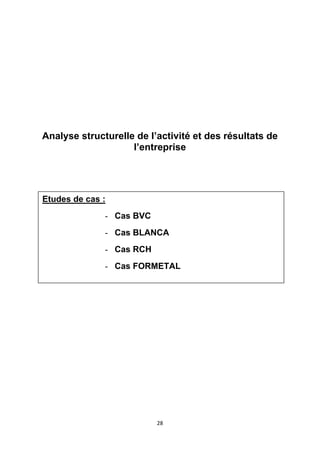 28
Analyse structurelle de l’activité et des résultats de
l’entreprise
Etudes de cas :
- Cas BVC
- Cas BLANCA
- Cas RCH
- Cas FORMETAL
 
