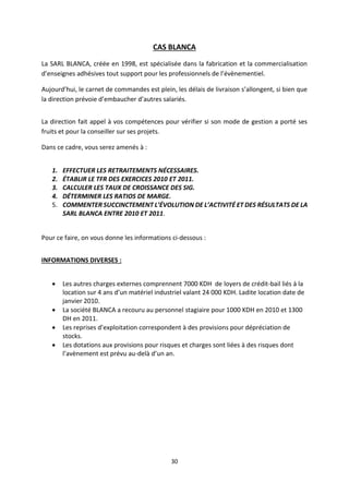 30
CAS BLANCA
La SARL BLANCA, créée en 1998, est spécialisée dans la fabrication et la commercialisation
d’enseignes adhésives tout support pour les professionnels de l’évènementiel.
Aujourd’hui, le carnet de commandes est plein, les délais de livraison s’allongent, si bien que
la direction prévoie d’embaucher d’autres salariés.
La direction fait appel à vos compétences pour vérifier si son mode de gestion a porté ses
fruits et pour la conseiller sur ses projets.
Dans ce cadre, vous serez amenés à :
1. EFFECTUER LES RETRAITEMENTS NÉCESSAIRES.
2. ÉTABLIR LE TFR DES EXERCICES 2010 ET 2011.
3. CALCULER LES TAUX DE CROISSANCE DES SIG.
4. DÉTERMINER LES RATIOS DE MARGE.
5. COMMENTER SUCCINCTEMENT L’ÉVOLUTION DE L’ACTIVITÉ ET DES RÉSULTATS DE LA
SARL BLANCA ENTRE 2010 ET 2011.
Pour ce faire, on vous donne les informations ci-dessous :
INFORMATIONS DIVERSES :
• Les autres charges externes comprennent 7000 KDH de loyers de crédit-bail liés à la
location sur 4 ans d’un matériel industriel valant 24 000 KDH. Ladite location date de
janvier 2010.
• La société BLANCA a recouru au personnel stagiaire pour 1000 KDH en 2010 et 1300
DH en 2011.
• Les reprises d’exploitation correspondent à des provisions pour dépréciation de
stocks.
• Les dotations aux provisions pour risques et charges sont liées à des risques dont
l’avènement est prévu au-delà d’un an.
 