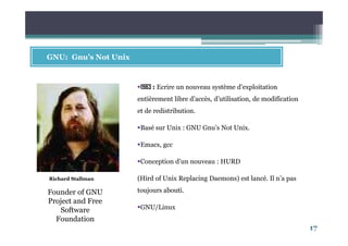 17
GNU: Gnu’s Not Unix
Richard Stallman
1983 : Ecrire un nouveau système d’exploitation
entièrement libre d’accès, d’utilisation, de modification
et de redistribution.
Basé sur Unix : GNU Gnu’s Not Unix.
Emacs, gcc
Conception d’un nouveau : HURD
(Hird of Unix Replacing Daemons) est lancé. Il n’a pas
toujours abouti.
GNU/Linux
Founder of GNU
Project and Free
Software
Foundation
 