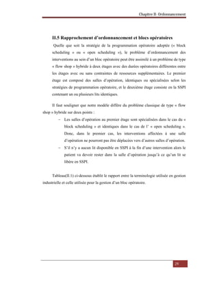 Chapitre II- Ordonnancement
29
II.5 Rapprochement d’ordonnancement et blocs opératoires
Quelle que soit la stratégie de la programmation opératoire adoptée (« block
scheduling » ou « open scheduling »), le problème d’ordonnancement des
interventions au sein d’un bloc opératoire peut être assimilé à un problème de type
« flow shop » hybride à deux étages avec des durées opératoires différentes entre
les étages avec ou sans contraintes de ressources supplémentaires. Le premier
étage est composé des salles d’opération, identiques ou spécialisées selon les
stratégies de programmation opératoire, et le deuxième étage consiste en la SSPI
contenant un ou plusieurs lits identiques.
Il faut souligner que notre modèle diffère du problème classique de type « flow
shop » hybride sur deux points :
 Les salles d’opération au premier étage sont spécialisées dans le cas du «
block scheduling » et identiques dans le cas de l’ « open scheduling ».
Donc, dans le premier cas, les interventions affectées à une salle
d’opération ne pourront pas être déplacées vers d’autres salles d’opération.
 S’il n’y a aucun lit disponible en SSPI à la fin d’une intervention alors le
patient va devoir rester dans la salle d’opération jusqu’à ce qu’un lit se
libère en SSPI.
Tableau(II.1) ci-dessous établit le rapport entre la terminologie utilisée en gestion
industrielle et celle utilisée pour la gestion d’un bloc opératoire.
 