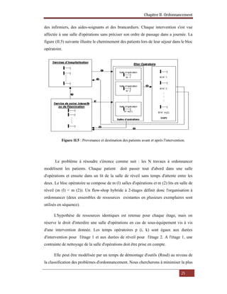 Chapitre II- Ordonnancement
25
des infirmiers, des aides-soignants et des brancardiers. Chaque intervention s'est vue
affectée à une salle d'opérations sans préciser son ordre de passage dans a journée. La
figure (II.5) suivante illustre le cheminement des patients lors de leur séjour dans le bloc
opératoire.
Figure II.5 : Provenance et destination des patients avant et après l'intervention.
Le problème à résoudre s'énonce comme suit : les N travaux à ordonnancer
modélisent les patients. Chaque patient doit passer tout d'abord dans une salle
d'opérations et ensuite dans un lit de la salle de réveil sans temps d'attente entre les
deux. Le bloc opératoire se compose de m (l) salles d'opérations et m (2) lits en salle de
réveil (m (l) < m (2)). Un flow-shop hybride à 2-étages définit donc l'organisation à
ordonnancer (deux ensembles de ressources existantes en plusieurs exemplaires sont
utilisés en séquence).
L'hypothèse de ressources identiques est retenue pour chaque étage, mais on
réserve le droit d'interdire une salle d'opérations en cas de sous-équipement vis à vis
d'une intervention donnée. Les temps opératoires p (i, k) sont égaux aux durées
d'intervention pour l'étage 1 et aux durées de réveil pour l'étage 2. A l'étage 1, une
contrainte de nettoyage de la salle d'opérations doit être prise en compte.
Elle peut être modélisée par un temps de démontage d'outils (Rnsd) au niveau de
la classification des problèmes d'ordonnancement. Nous chercherons à minimiser la plus
 