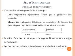 JEU D’INSTRUCTIONS

FORMAT D’INSTRUCTION


L’instruction est composée de deux champs :


Code

d’opération

représentant

l'action que le

processeur

doit

accomplir.


Champ des opérandes définissant les paramètres de l'action. Un

opérande peut s'agir d'une donnée ou bien d'une adresse mémoire.
Code opération
N bits


Opérandes
K bits

La taille d’une instruction dépend du type de l’instruction et du type
de l’opérande.



Les instructions et leurs opérandes sont stockés dans la mémoire.
21

 