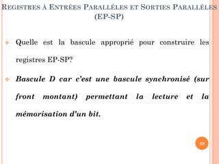 REGISTRES À ENTRÉES PARALLÈLES ET SORTIES PARALLÈLES
(EP-SP)



Quelle est la bascule approprié pour construire les
registres EP-SP?



Bascule D car c’est une bascule synchronisé (sur
front

montant)

permettant

la

lecture

et

la

mémorisation d’un bit.

39

 
