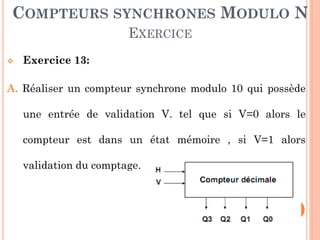 COMPTEURS SYNCHRONES MODULO N
EXERCICE


Exercice 13:

A. Réaliser un compteur synchrone modulo 10 qui possède
une entrée de validation V. tel que si V=0 alors le
compteur est dans un état mémoire , si V=1 alors
validation du comptage.

90

 