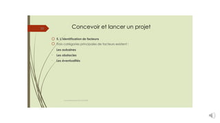 Concevoir et lancer un projet
30
-
-
-
5. L’identification de facteurs
Trois catégories principales de facteurs existent :
Les aubaines
Les obstacles
Les éventualités
cours entrepreneuriat D.ELIDRISSI
 