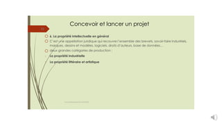 Concevoir et lancer un projet
31
6. La propriété intellectuelle en général
C’est une appellation juridique qui recouvre l’ensemble des brevets, savoir-faire industriels,
marques, dessins et modèles, logiciels, droits d’auteurs,
deux grandes catégories de production :
La propriété industrielle
base de données…
-
- La propriété littéraire et artistique
cours entrepreneuriat D.ELIDRISSI
 