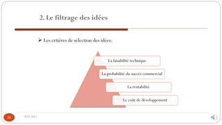 2014-2015
35
2. Le filtrage des idées
➢ Les critères de sélection des idées:
La faisabilité technique
La probabilité du succès commercial
La rentabilité
Le coût de développement
 
