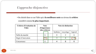 2014-2015
41
L’approche disjonctive
• On choisit dans ce cas l’idée qui a la meilleure note au niveau du critère
considéré comme le plus important.
Critères d’évaluation de
l’idée
Note
d’importance
(des critères)
Note de distinction
bonbons recyclage logiciel
Taille du marché 6 8 2 6
Degré d’innovation 9 3 4 9
Concurrence 8 4 8 6
 