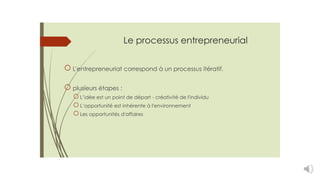Le processus entrepreneurial
L'entrepreneuriat correspond à un processus itératif.
plusieurs étapes :
L’idée est un point de départ - créativité de l'individu
L’opportunité est inhérente à l'environnement
Les opportunités d'affaires
 