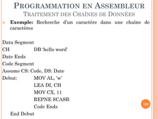 PROGRAMMATION EN ASSEMBLEUR
TRAITEMENT DES CHAÎNES DE DONNÉES


Exemple: Recherche d’un caractère dans une chaîne de
caractères

Data Segment
CH
DB ‘hello word’
Date Ends
Code Segment
Assume CS: Code, DS: Date
Debut:
MOV AL, ’w’
LEA DI, CH
MOV CX, 11
REPNE SCASB
Code Ends
End Debut

120

 