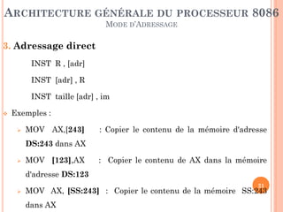 ARCHITECTURE GÉNÉRALE DU PROCESSEUR 8086
MODE D’ADRESSAGE

3. Adressage direct
INST R , [adr]
INST [adr] , R
INST taille [adr] , im


Exemples :


MOV AX,[243]

: Copier le contenu de la mémoire d'adresse

DS:243 dans AX


MOV [123],AX

: Copier le contenu de AX dans la mémoire

d'adresse DS:123


21

MOV AX, [SS:243] : Copier le contenu de la mémoire SS:243
dans AX

 