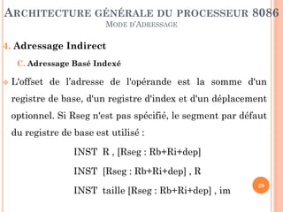 ARCHITECTURE GÉNÉRALE DU PROCESSEUR 8086
MODE D’ADRESSAGE

4. Adressage Indirect
C. Adressage Basé Indexé


L'offset de l’adresse de l'opérande est la somme d'un
registre de base, d'un registre d'index et d'un déplacement
optionnel. Si Rseg n'est pas spécifié, le segment par défaut

du registre de base est utilisé :
INST R , [Rseg : Rb+Ri+dep]
INST [Rseg : Rb+Ri+dep] , R

INST taille [Rseg : Rb+Ri+dep] , im

29

 