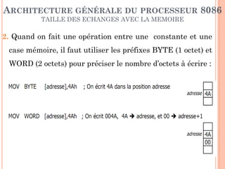 ARCHITECTURE GÉNÉRALE DU PROCESSEUR 8086
TAILLE DES ECHANGES AVEC LA MEMOIRE

2. Quand on fait une opération entre une constante et une
case mémoire, il faut utiliser les préfixes BYTE (1 octet) et

WORD (2 octets) pour préciser le nombre d’octets à écrire :

33

 