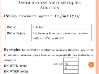 INSTRUCTIONS ARITHMÉTIQUES
ADDITION


INC Op: incrémente l'opérande Op [Op Op+1].
INC R

R  R+1

INC taille [adr]

Incrémenter le contenu d’une case mémoire
taille = BYTE ou WORD



Exemple: En partant de la situation mémoire illustrée, quelle est
la situation mémoire après l’exécution séquentielle des instructions
suivantes

INC BYTE [400h]
INC WORD [400h]

DS: 400 FE
33

40

 