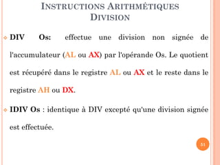 INSTRUCTIONS ARITHMÉTIQUES
DIVISION


DIV

Os:

effectue une division non signée de

l'accumulateur (AL ou AX) par l'opérande Os. Le quotient
est récupéré dans le registre AL ou AX et le reste dans le
registre AH ou DX.


IDIV Os : identique à DIV excepté qu'une division signée
est effectuée.
51

 