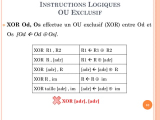 INSTRUCTIONS LOGIQUES
OU EXCLUSIF


XOR Od, Os effectue un OU exclusif (XOR) entre Od et
Os [Od  Od  Os].
XOR R1 , R2

R1  R1  R2

XOR R , [adr]

R1  R  [adr]

XOR [adr] , R

[adr]  [adr]  R

XOR R , im

R  R  im

XOR taille [adr] , im

[adr]  [adr]  im

XOR [adr], [adr]

62

 