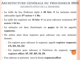 ARCHITECTURE GÉNÉRALE DU PROCESSEUR 8086
SEGMENTATION DE LA MEMOIRE


La taille du bus d’adresse égale à 20 bits  La mémoire totale

adressable égale 220 octets = 1 Mo


La taille des registres est 16 bits  on peut adresser seulement 216

octets = 64 ko.


La mémoire est donc fractionnée en pages de 64 ko appelés
segments.



On utilise alors deux registres pour adresser une case mémoire
donnée:


Un registre pour adresser le segment, appelé registre segment:
CS, DS, SS, ES



Un registre pour adresser à l'intérieur du segment, appelé
registre offset: IP, SP, BP, SI, DI.



Une adresse se présente sous la forme segment:offset

8

 