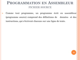 PROGRAMMATION EN ASSEMBLEUR
FICHIER SOURCE


Comme tout programme, un programme écrit en assembleur

(programme source) comprend des définitions de

données et des

instructions, qui s'écrivent chacune sur une ligne de texte.

85

 
